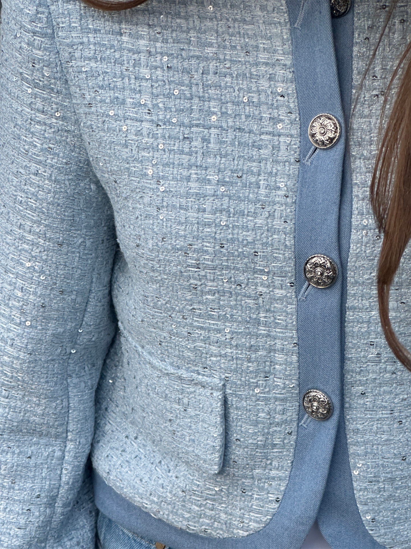 Round Neck Tweed & Denim Jacket - Sky Blue
