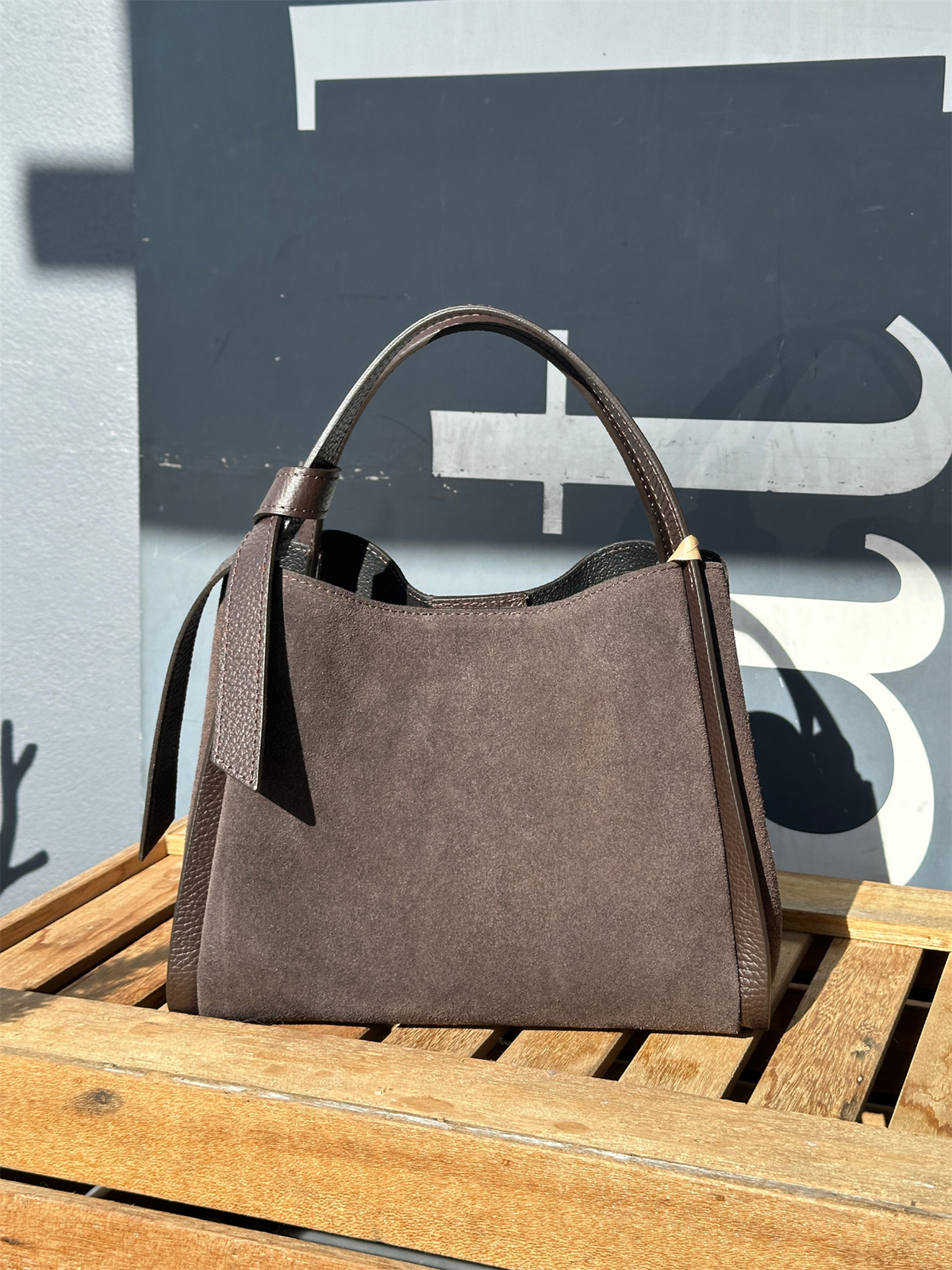 Suede Leather Knot Handbag S - Dark Brown