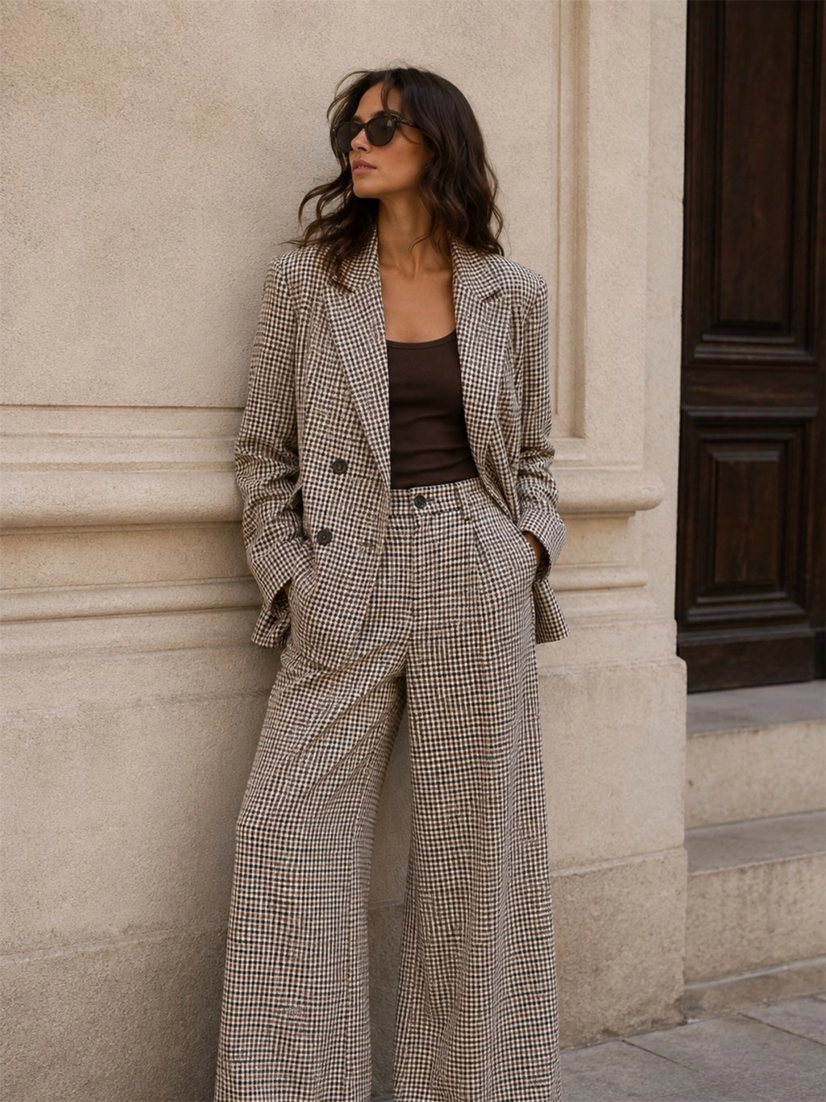 Gingham Blazer with A Cord Tie Belt - Choco