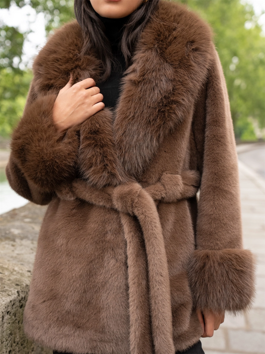 Faux Fur Coat With Large Collar - Choco