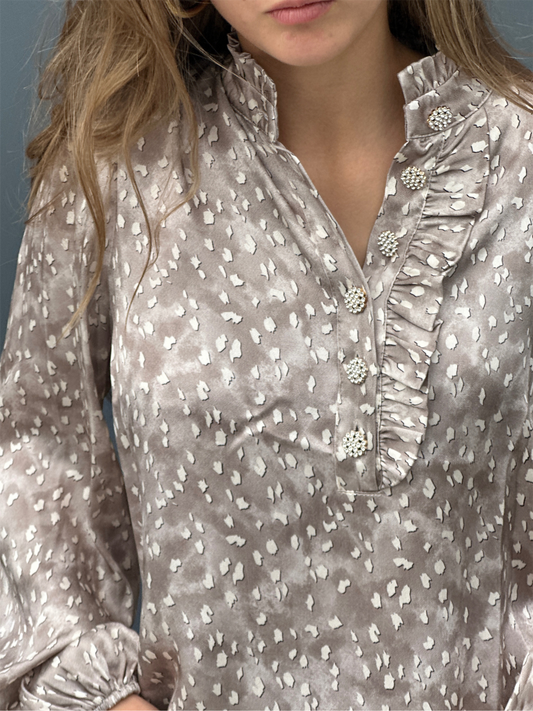 Print Sateng Blouse W/ Buttons - Beige