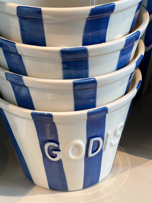 Godis Skål - Blue Stripes Med Hvit Tekst
