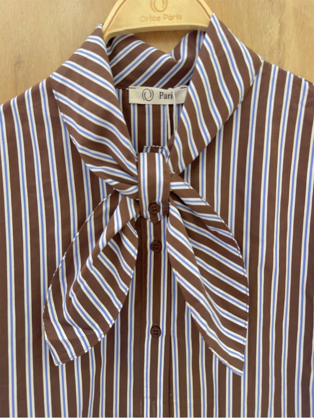 Striped Cotton Shirt with Bow Collar - Choco