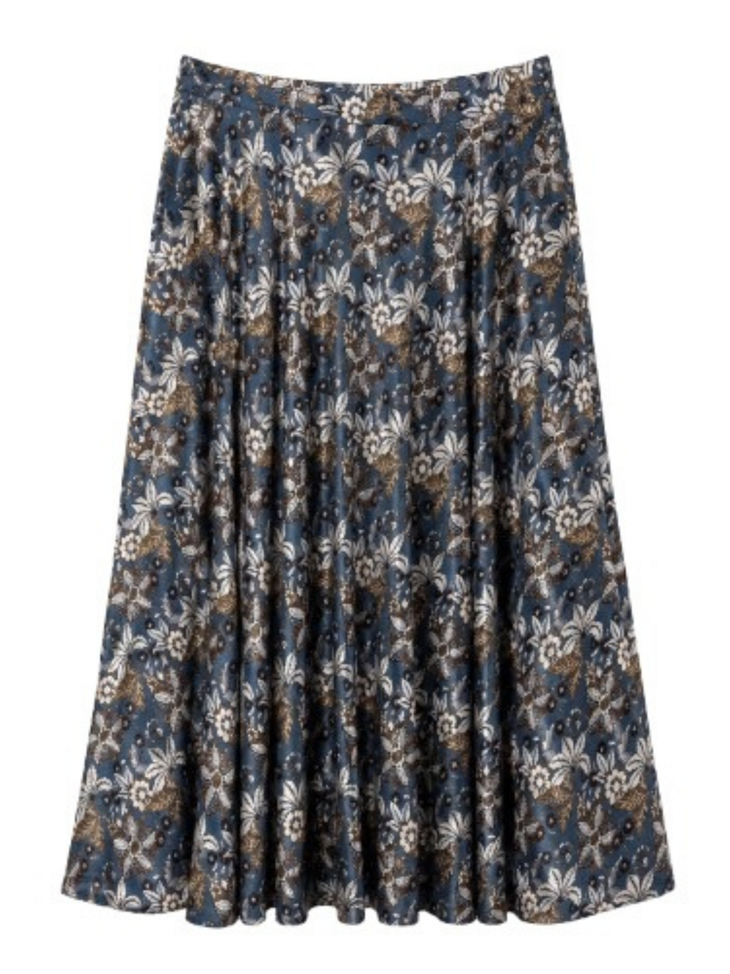 Satin Bias Cut Skirt - Denim Flower Print