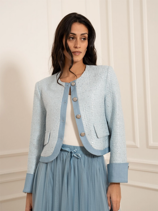 Round Neck Tweed & Denim Jacket - Sky Blue