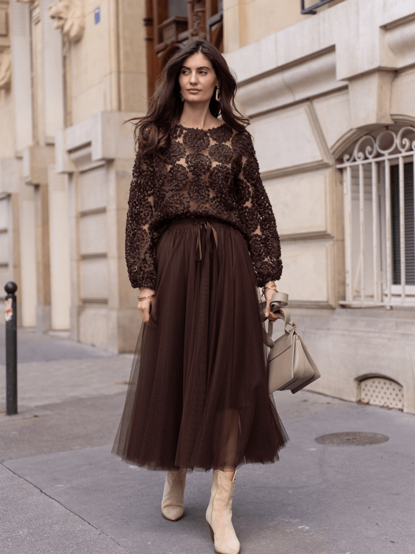 Aria Long Tulle Skirt - Choco - at home