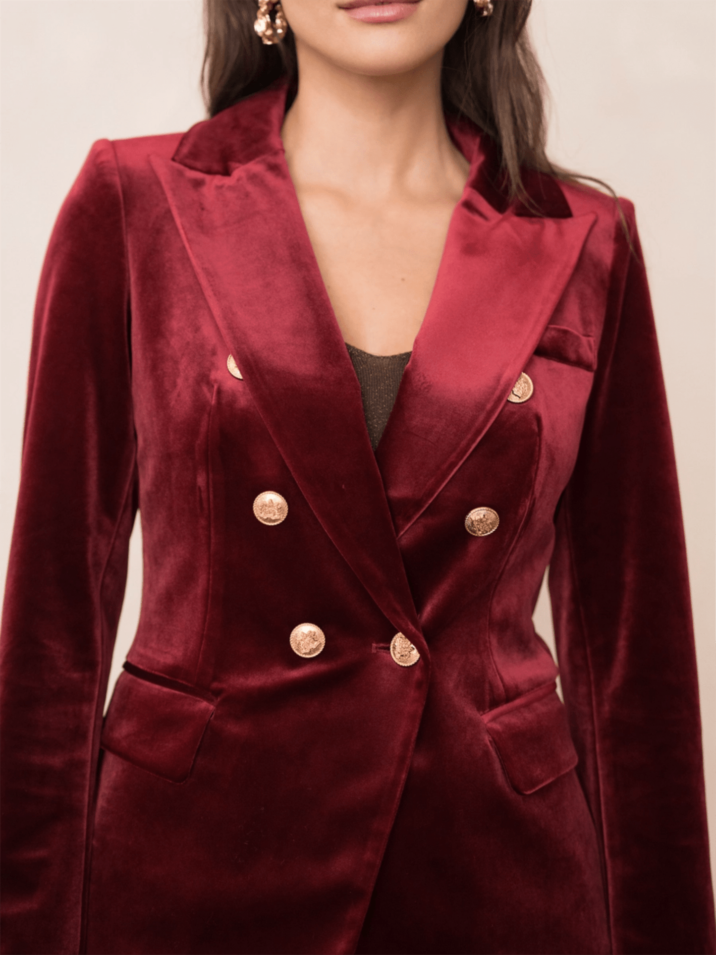 Double Breasted Velvet Blazer W/Gold Buttons - Dark Burgundy - at home