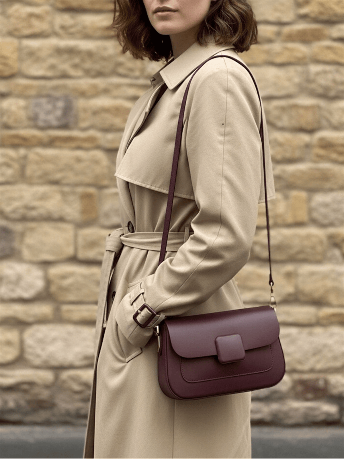 Genuine Leather Baguette Handbag S - Bordeaux - at home
