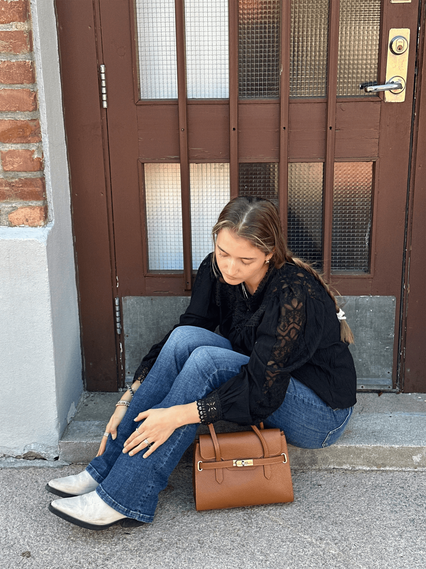 Genuine Leather Flap Handbag S - Camel - at home