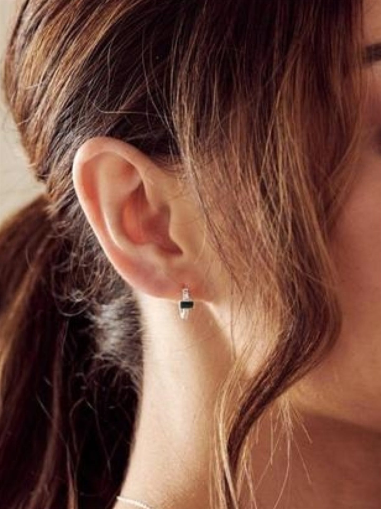 Malachite Baguette Huggie Hoops - Silver - at home