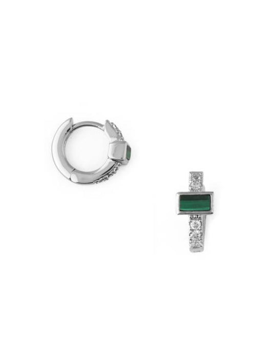 Malachite Baguette Huggie Hoops - Silver - at home