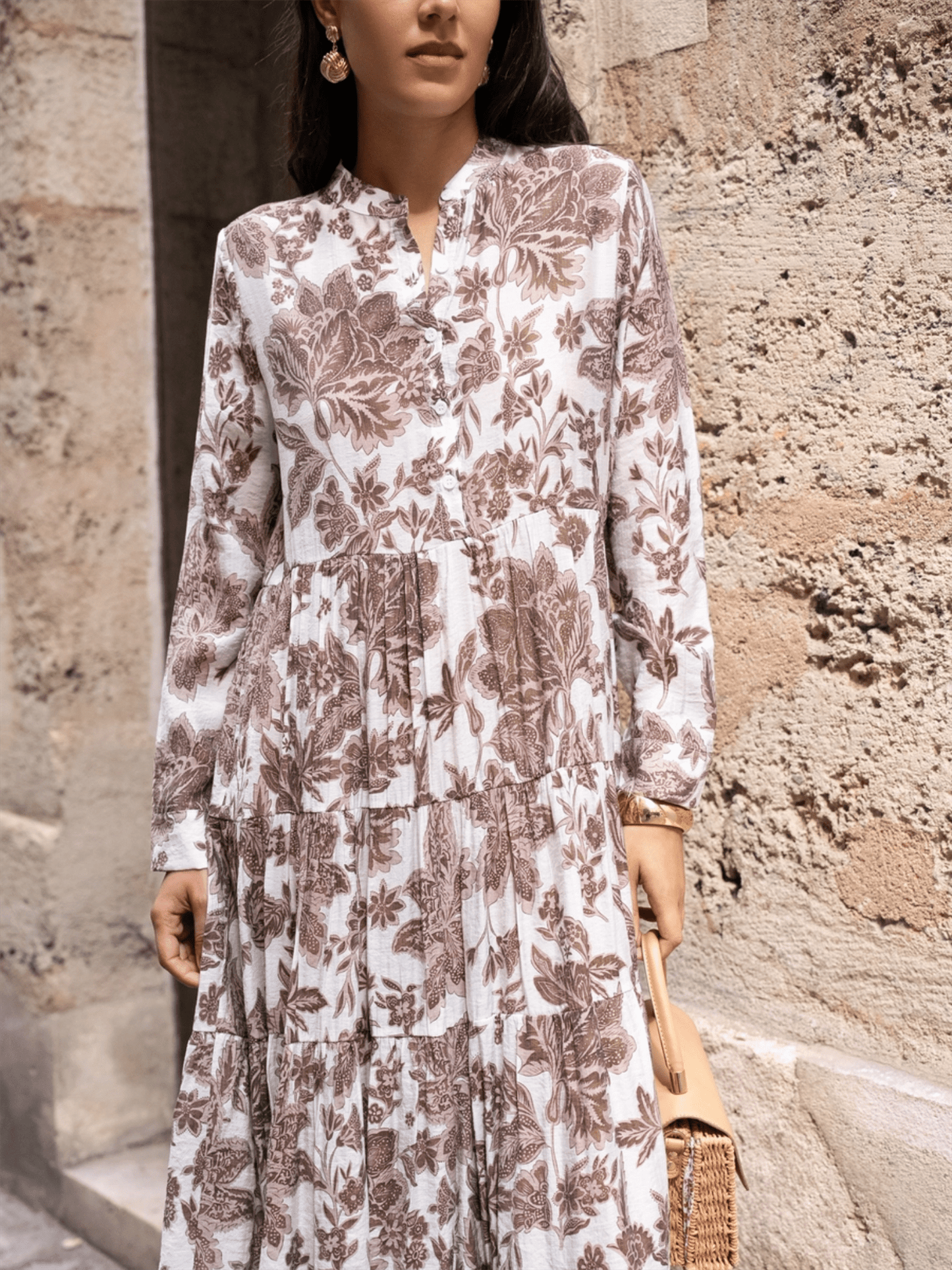 Marbella Silk Dress - Floral Choco - at home