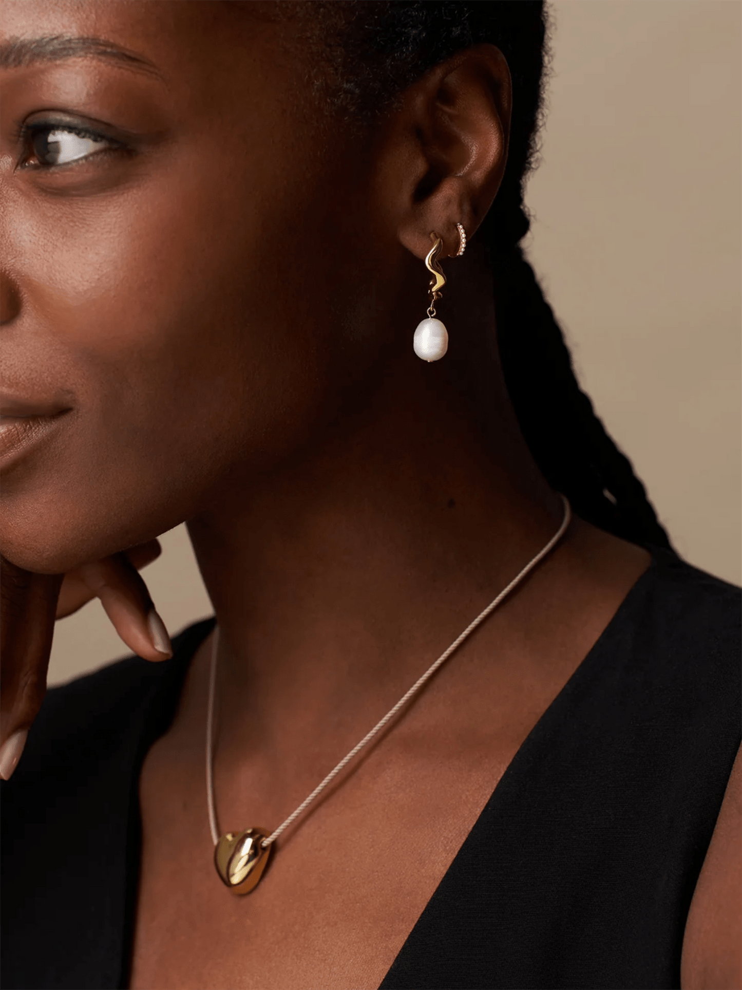 Oval Wave Pearl Drop Hoop Earrings - at home