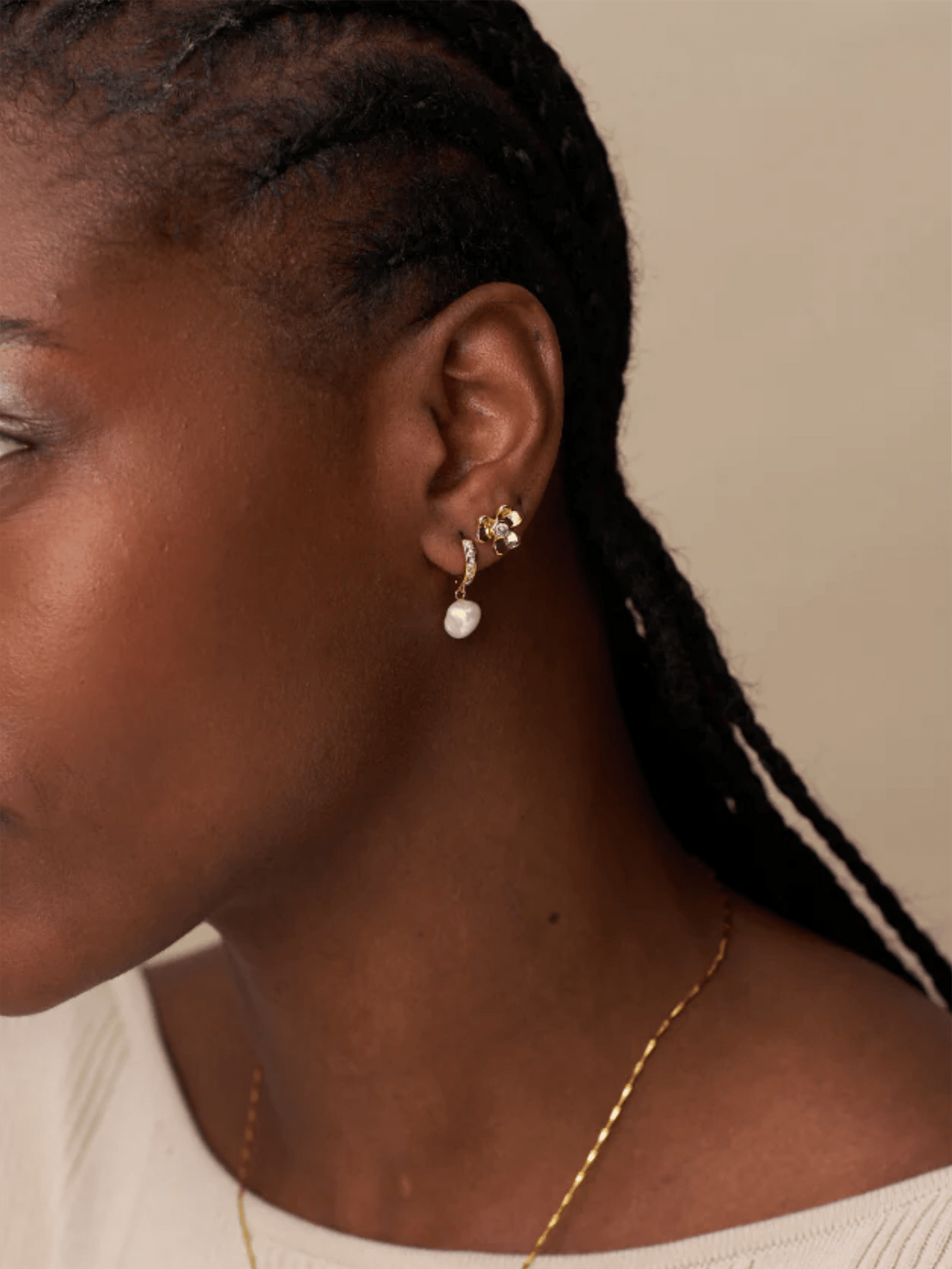 Pave & Organic Pearl Drop Hoops - at home