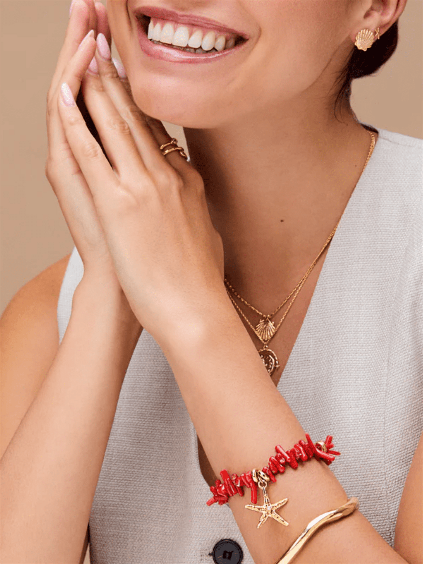 Red Coral Chip & Starfish Bracelet - Gold - at home