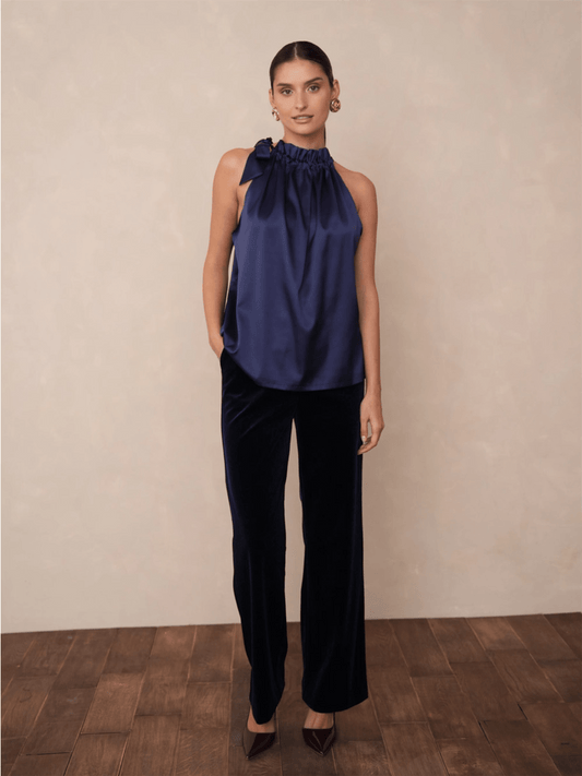 Satin Elisabeth Top - Navy Blue - at home