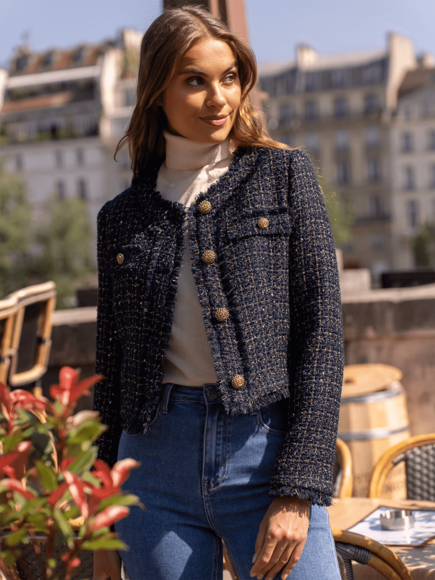 Short Wool Tweed Jacket - Navy W/Gold - at home