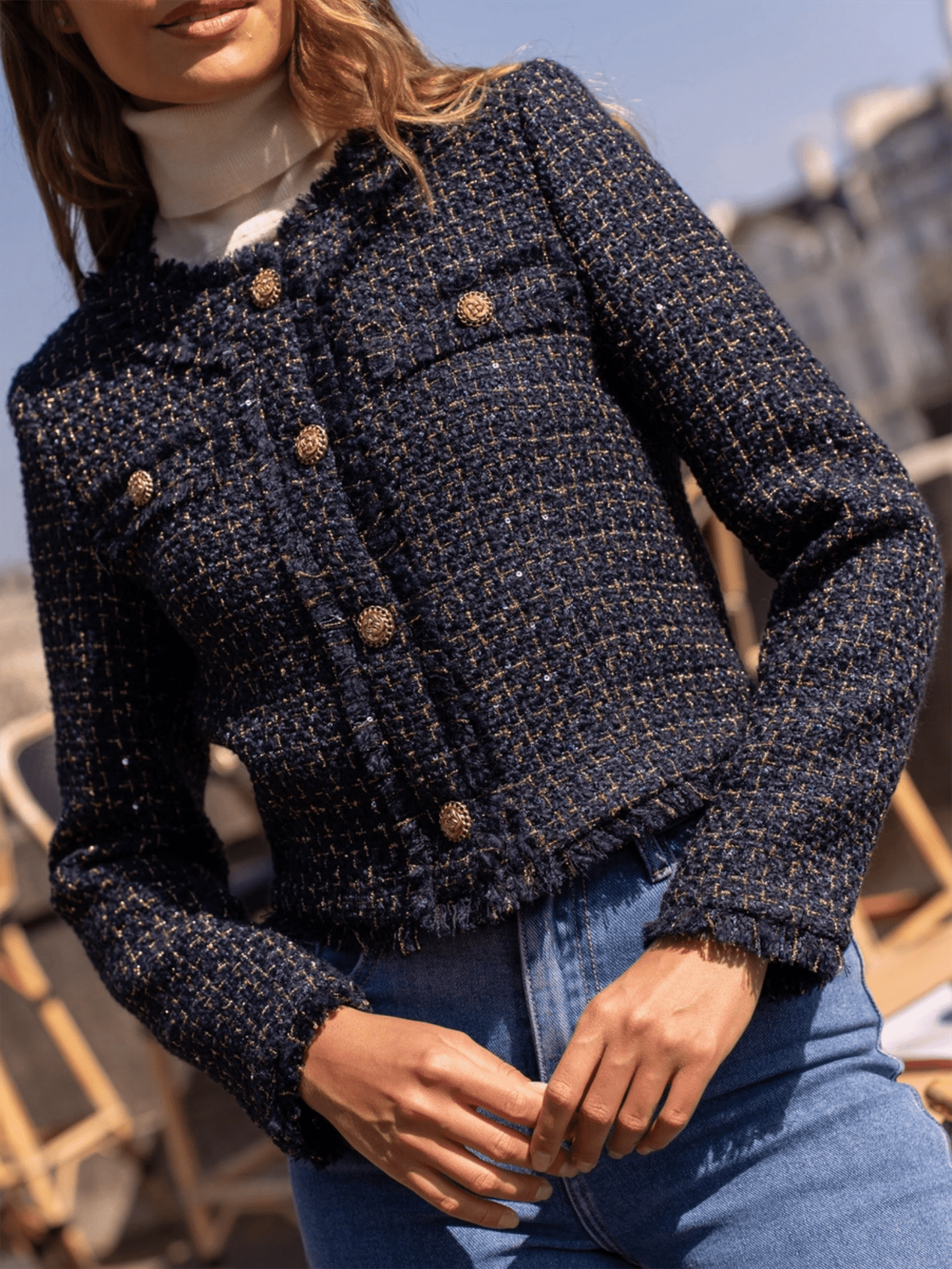 Short Wool Tweed Jacket - Navy W/Gold - at home