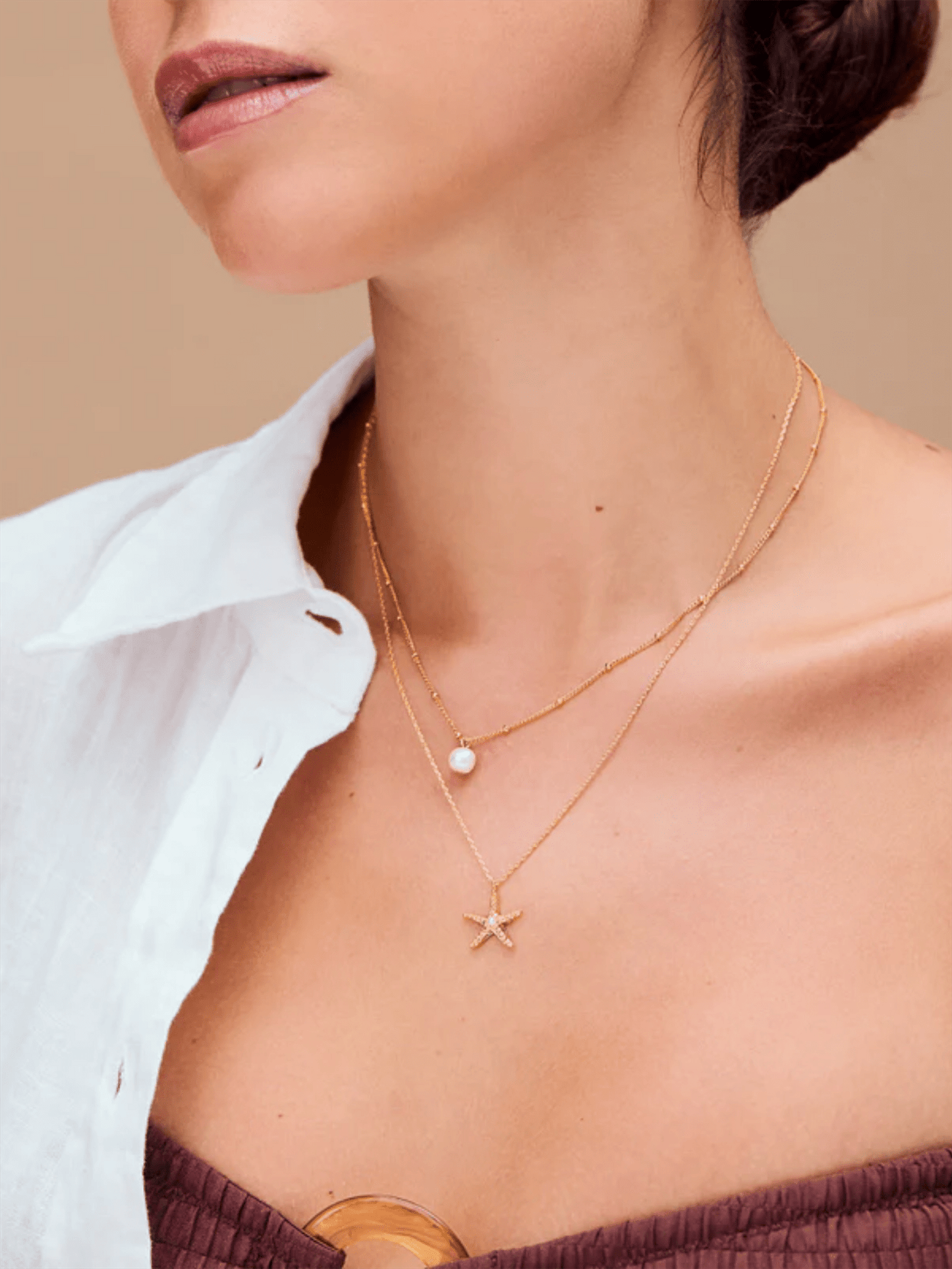 Starfish & Pearl Charm Necklace - Gold - at home