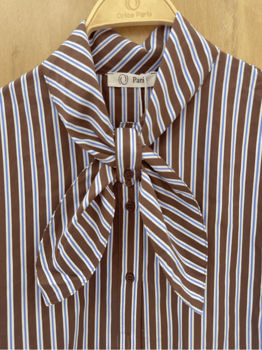 Striped Cotton Shirt with Bow Collar - Choco - at home