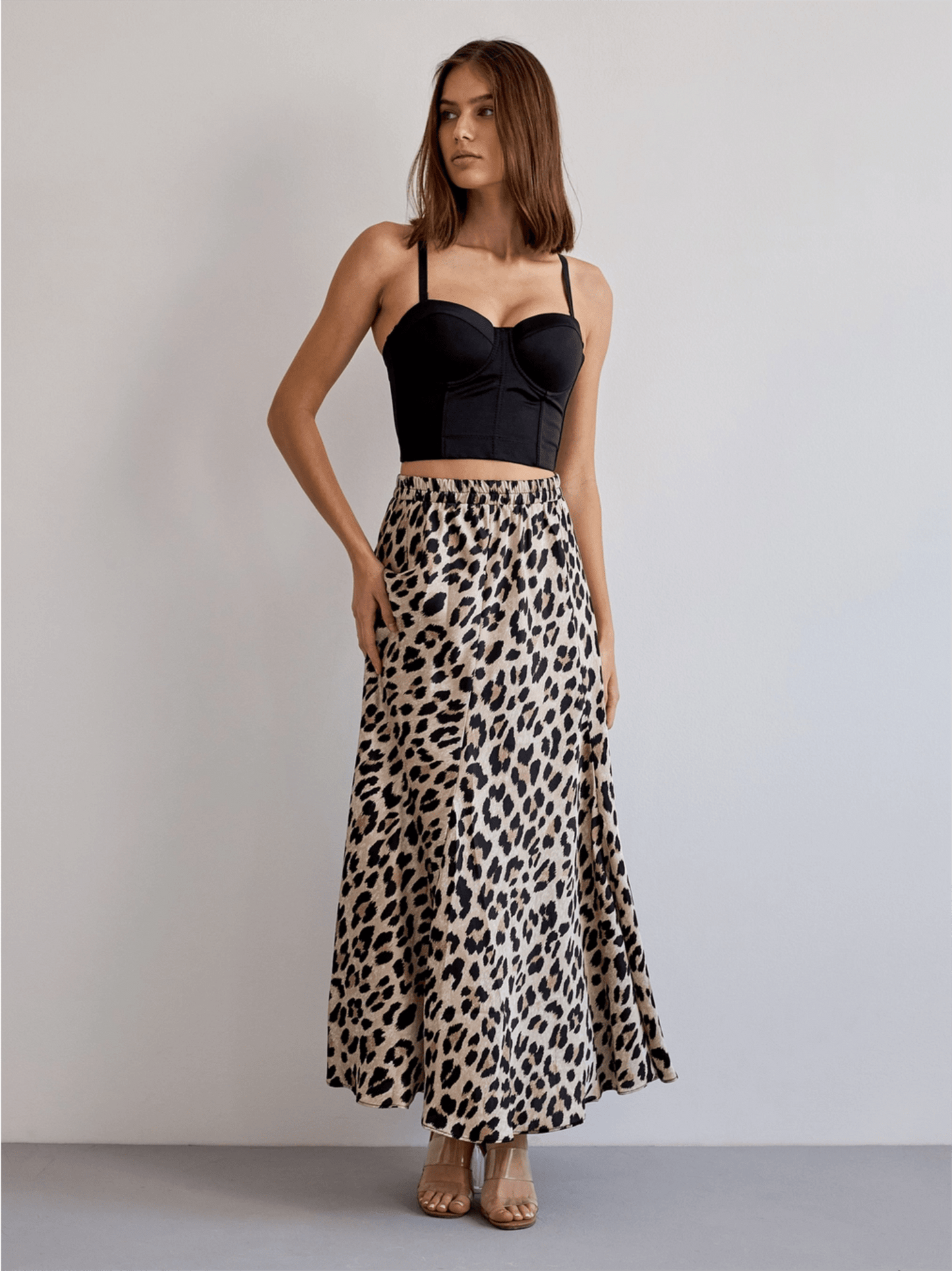 Valentine Satin Skirt - Beige Leopard - at home