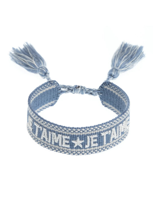 Woven Friendship Bracelet - "Je T'aime" Light Blue - at home