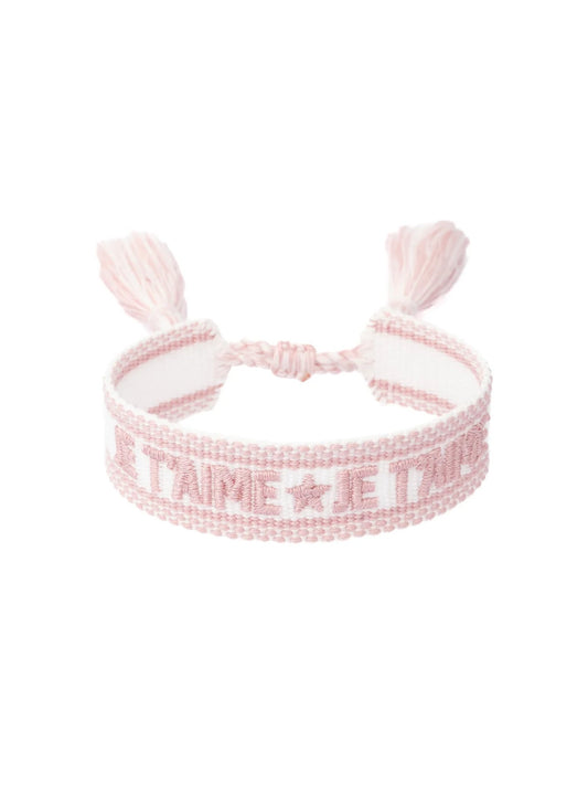 Woven Friendship Bracelet - "Je T'aime" White W/Light Rose - at home