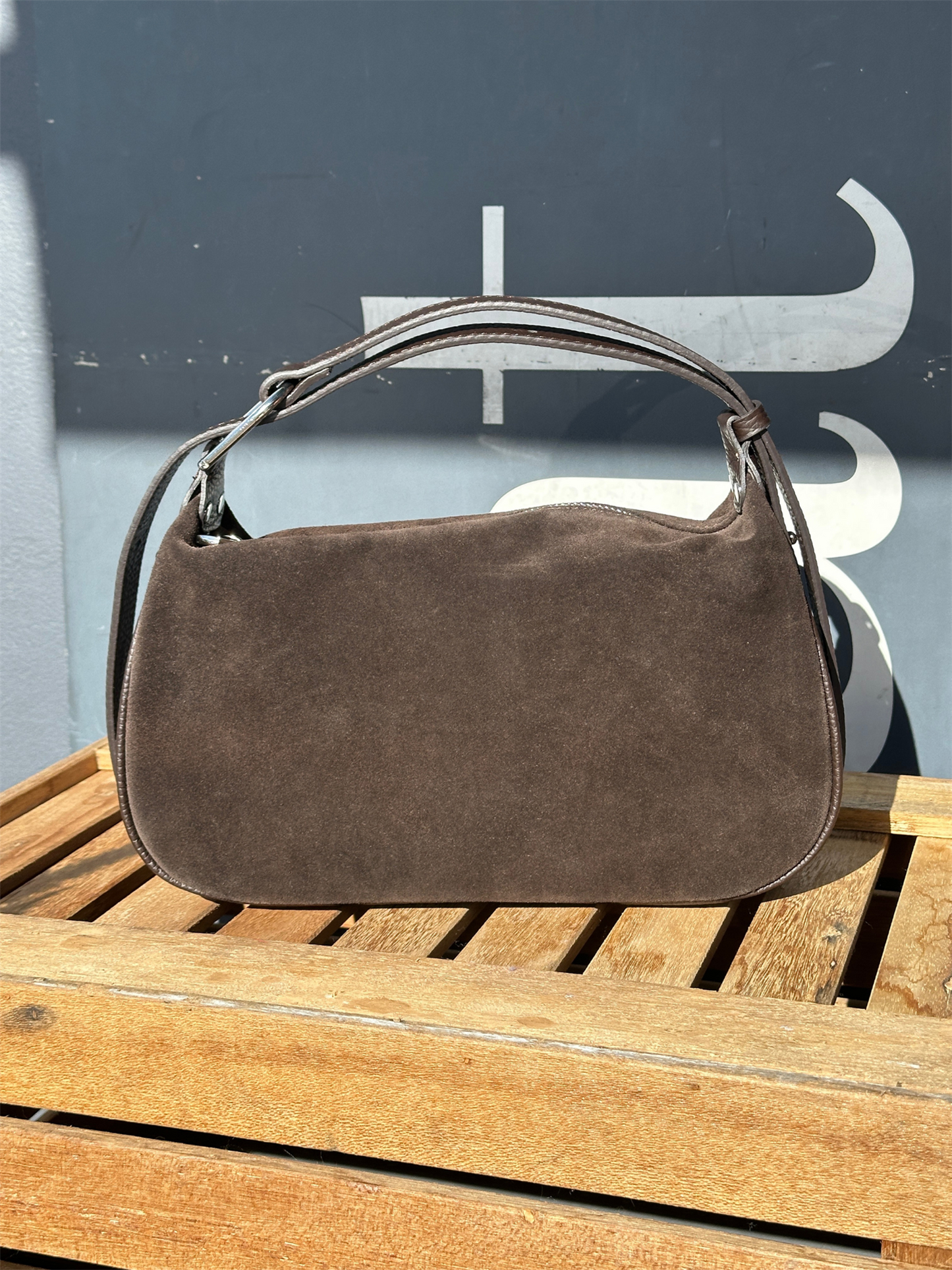 Suede Leather Shoulder Bag - Dark Brown