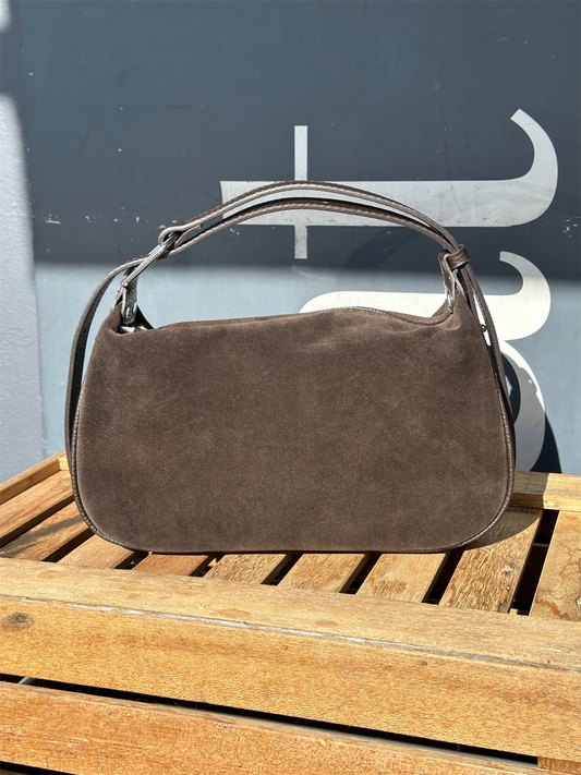 Suede Leather Shoulder Bag - Dark Brown