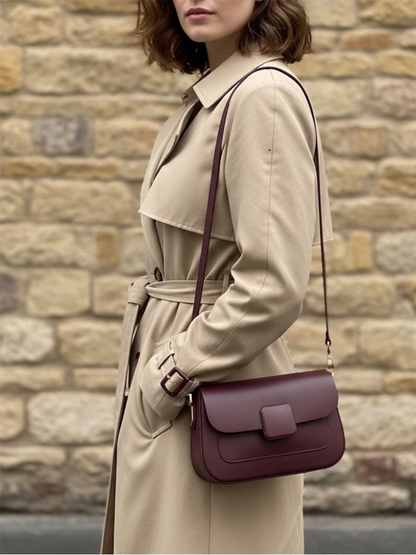 Genuine Leather Baguette Handbag S - Bordeaux