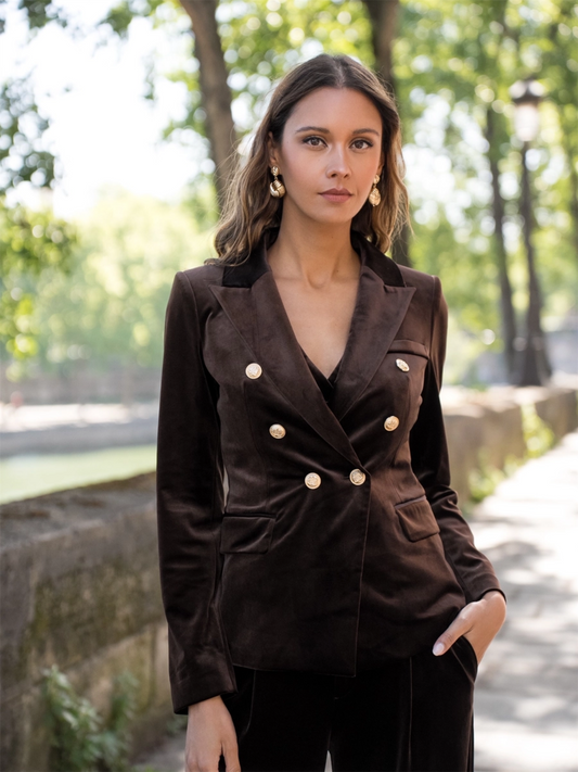 Double Breasted Velvet Blazer W/Gold Buttons - Choco