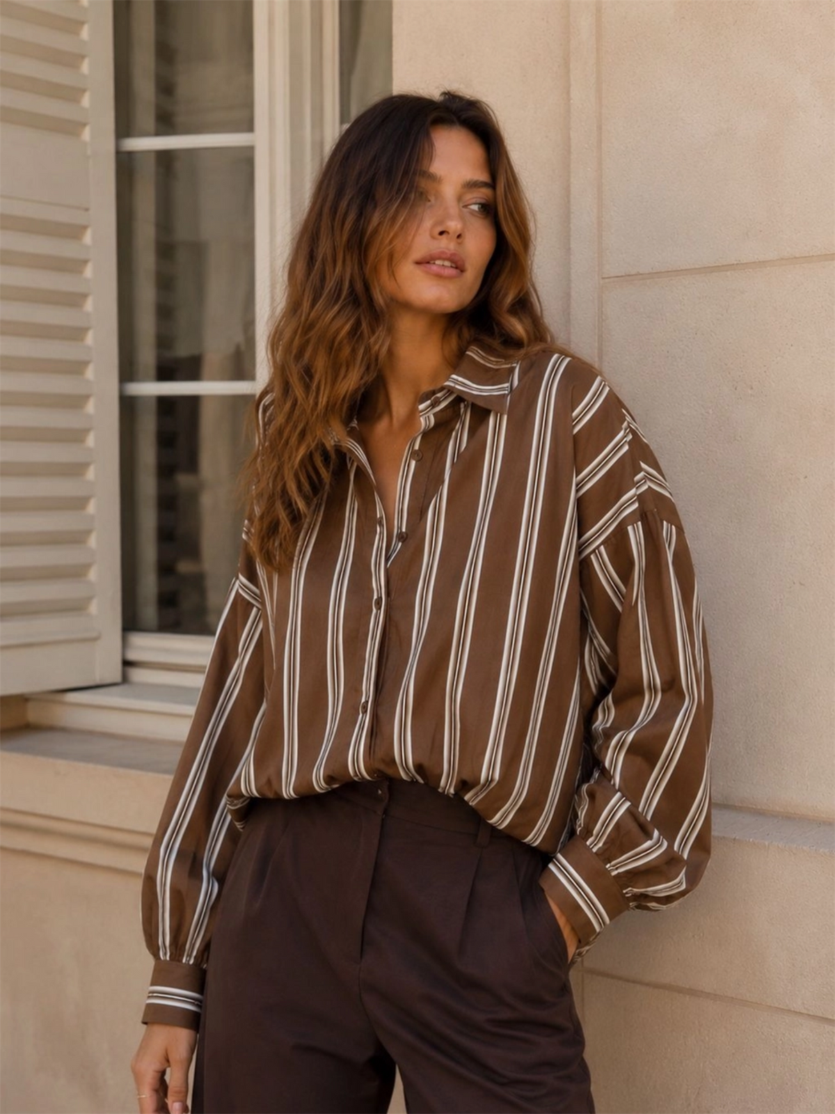 Striped Cotton Shirt with Pleats At the Hem - Choco