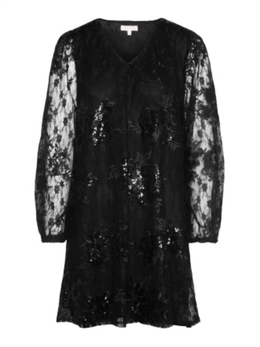 Lace Sequin Dress V-neck - Black