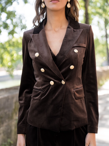 Double Breasted Velvet Blazer W/Gold Buttons - Choco
