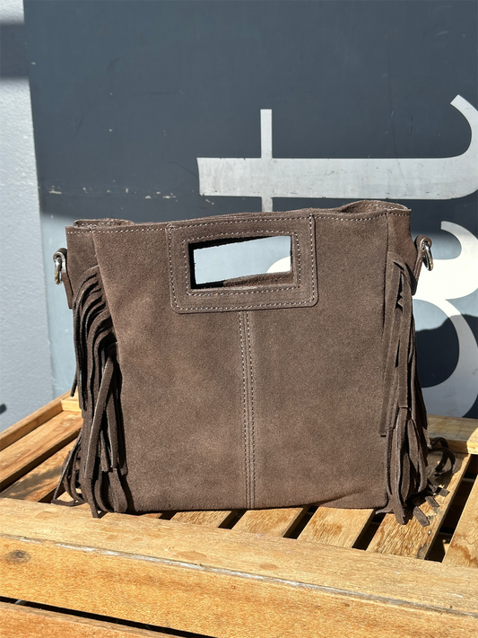 Suede Fringe Handbag Crossbody - Dark Brown