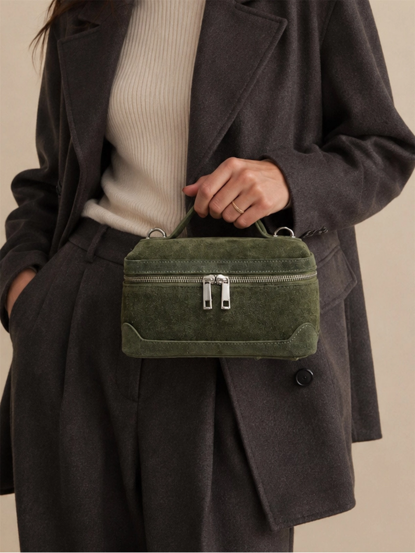 Suede Leather Box Handbag S - Olive