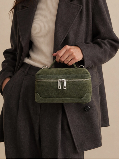 Suede Leather Box Handbag S - Olive