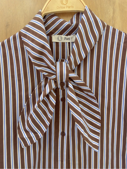 Striped Cotton Shirt with Bow Collar - Choco