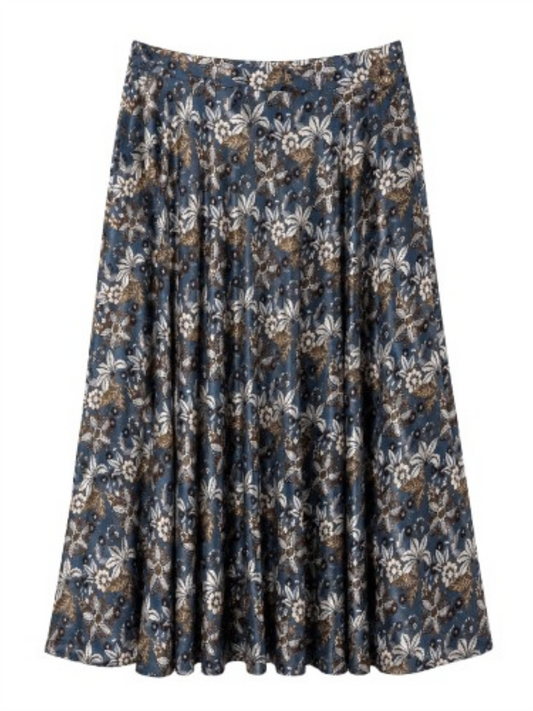 Satin Bias Cut Skirt - Denim Flower Print