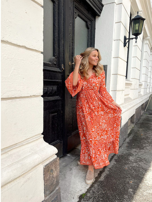 Maria Long Dress -  Orange Flower Print