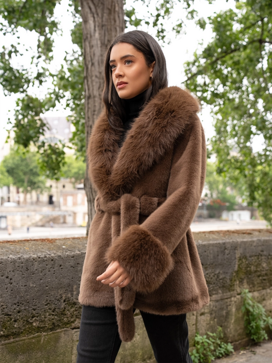 Faux Fur Coat With Large Collar - Choco