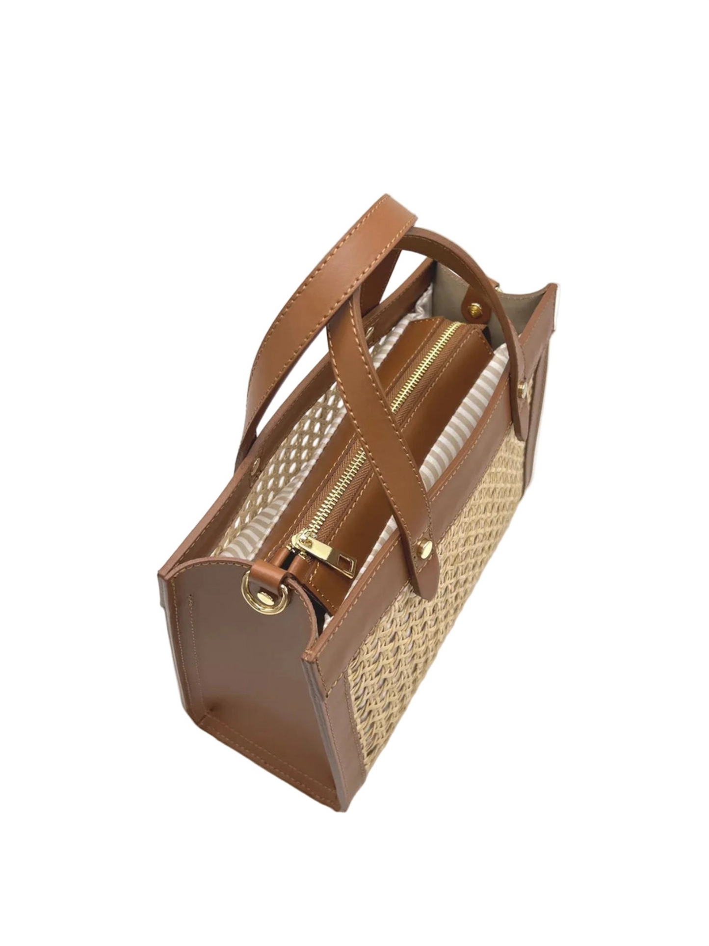 Genuine Leather & Straw Handbag - Brown