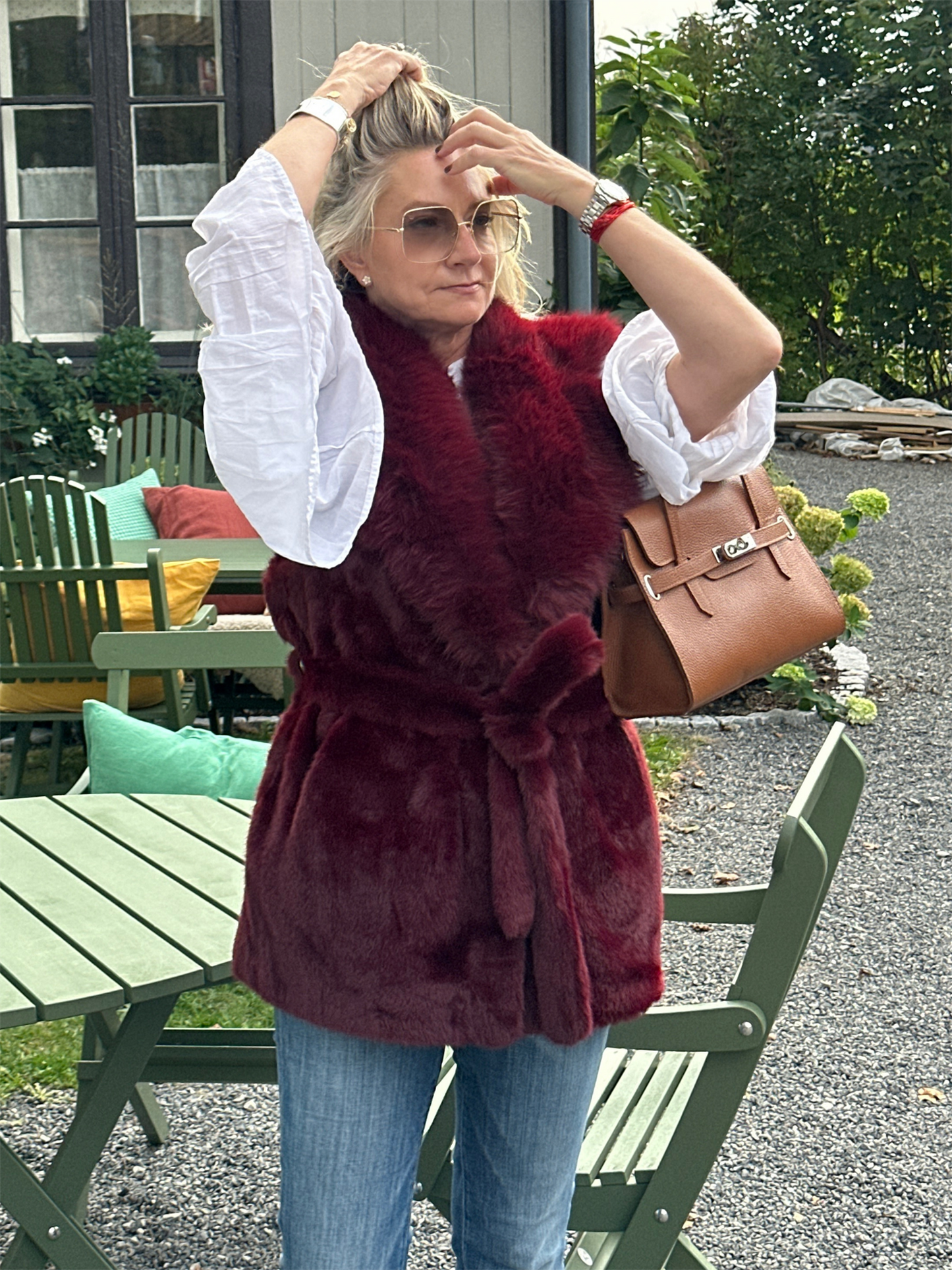 Sleeveless Faux Fur Lapel Collar Jacket - Bordeaux