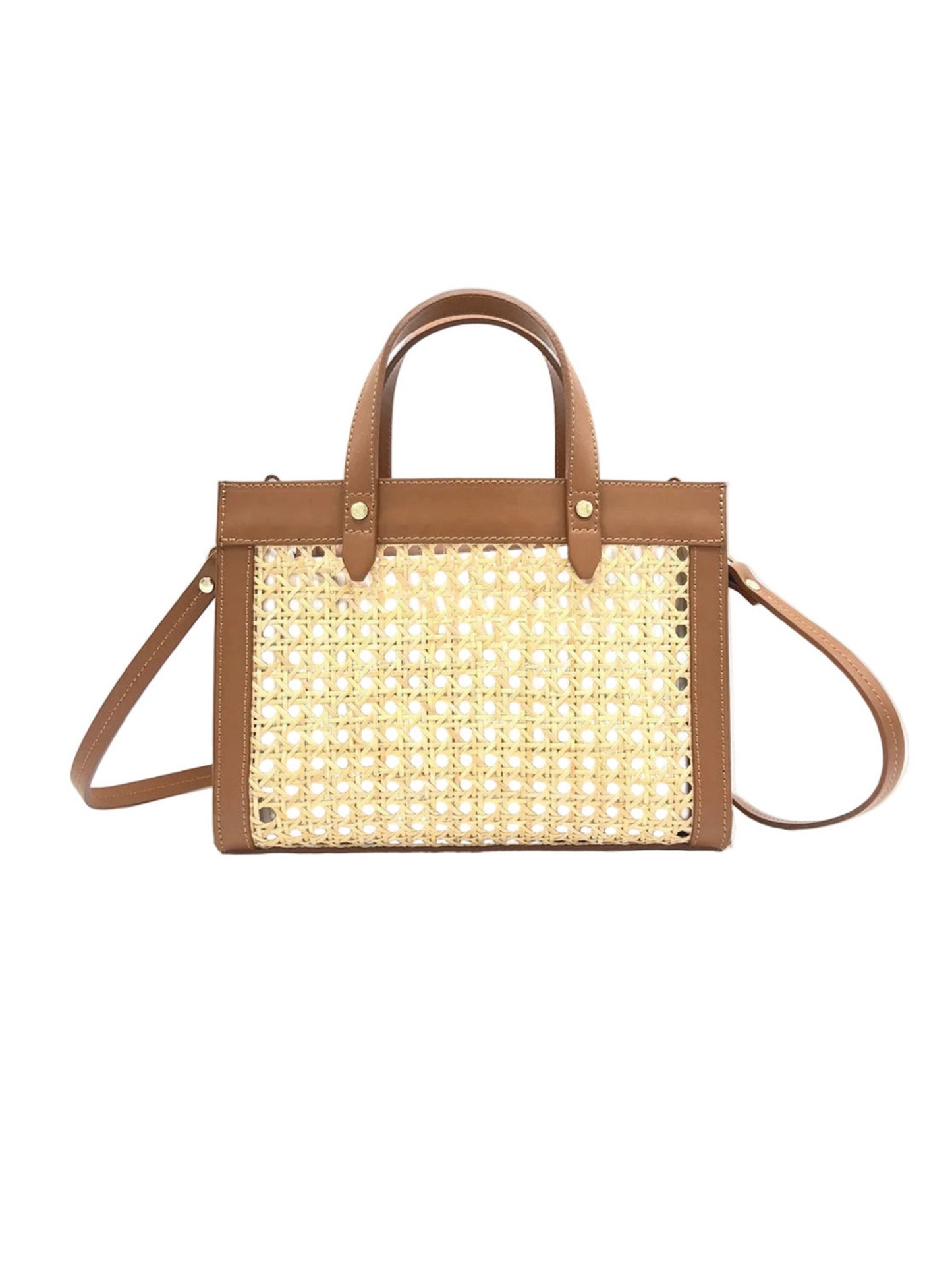 Genuine Leather & Straw Handbag - Brown