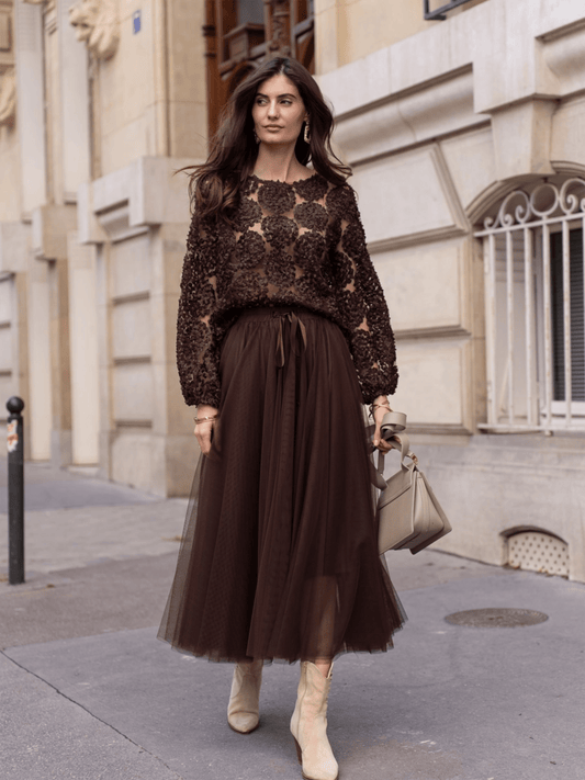 Aria Long Tulle Skirt - Choco - at home