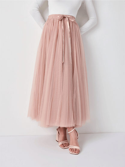 Aria Long Tulle Skirt - Old Rose - at home