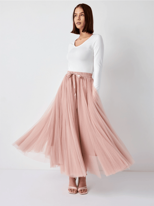 Aria Long Tulle Skirt - Old Rose - at home