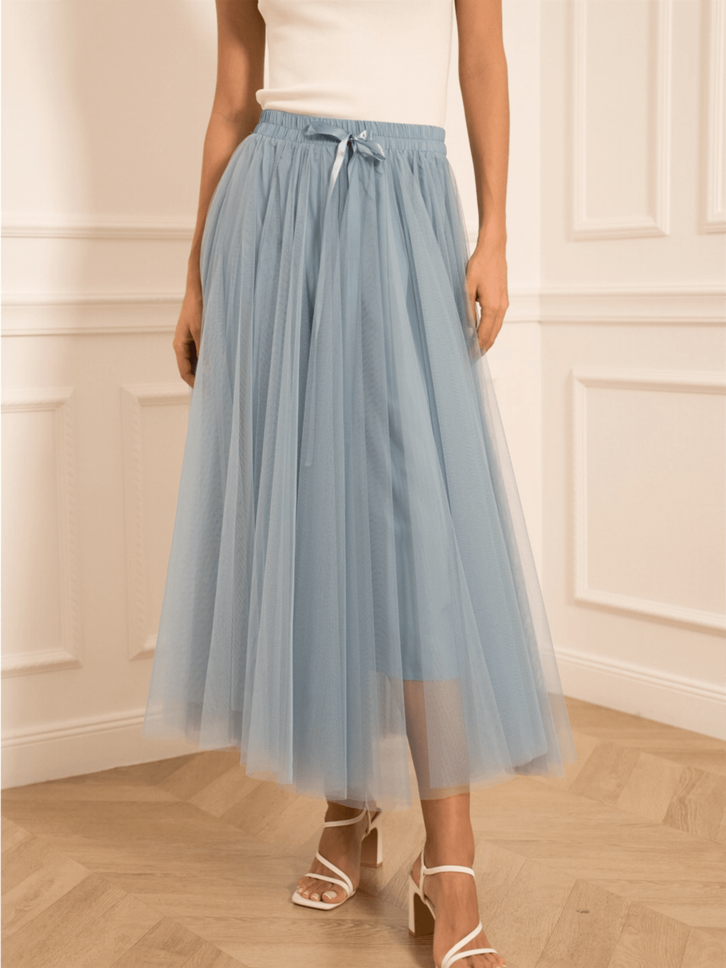Aria Long Tulle Skirt - Sky Blue - at home