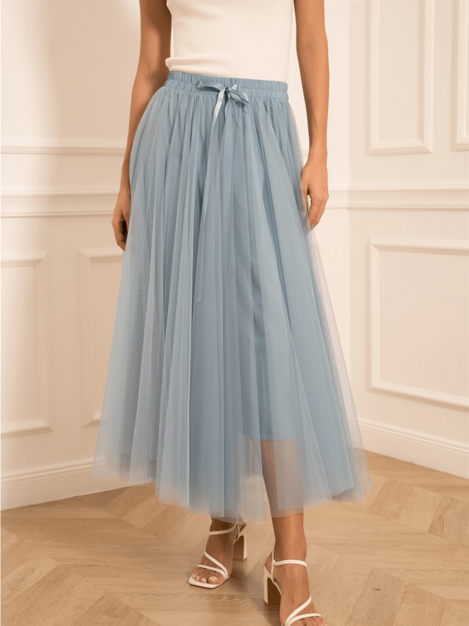 Aria Long Tulle Skirt - Sky Blue - at home