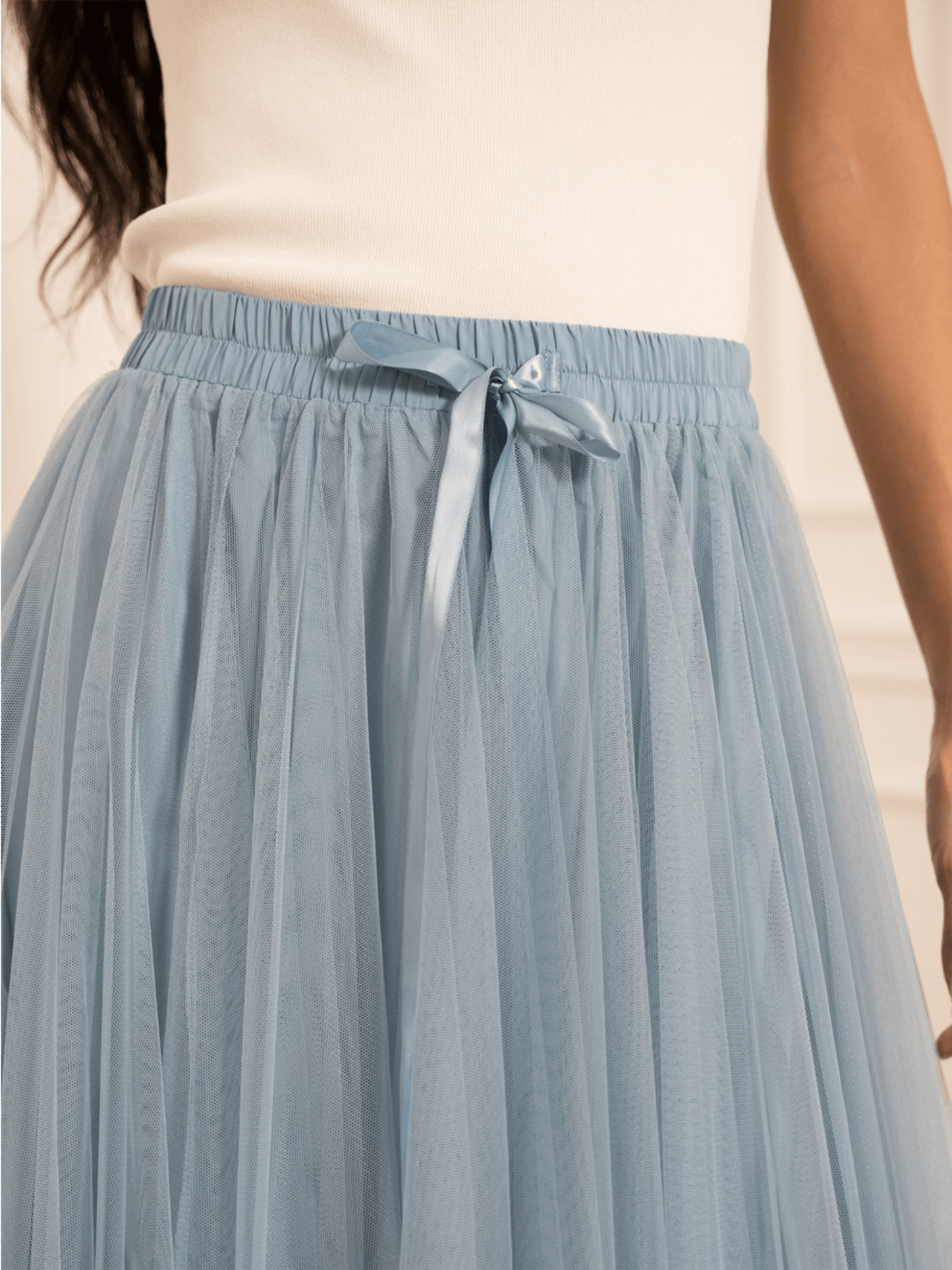 Aria Long Tulle Skirt - Sky Blue - at home